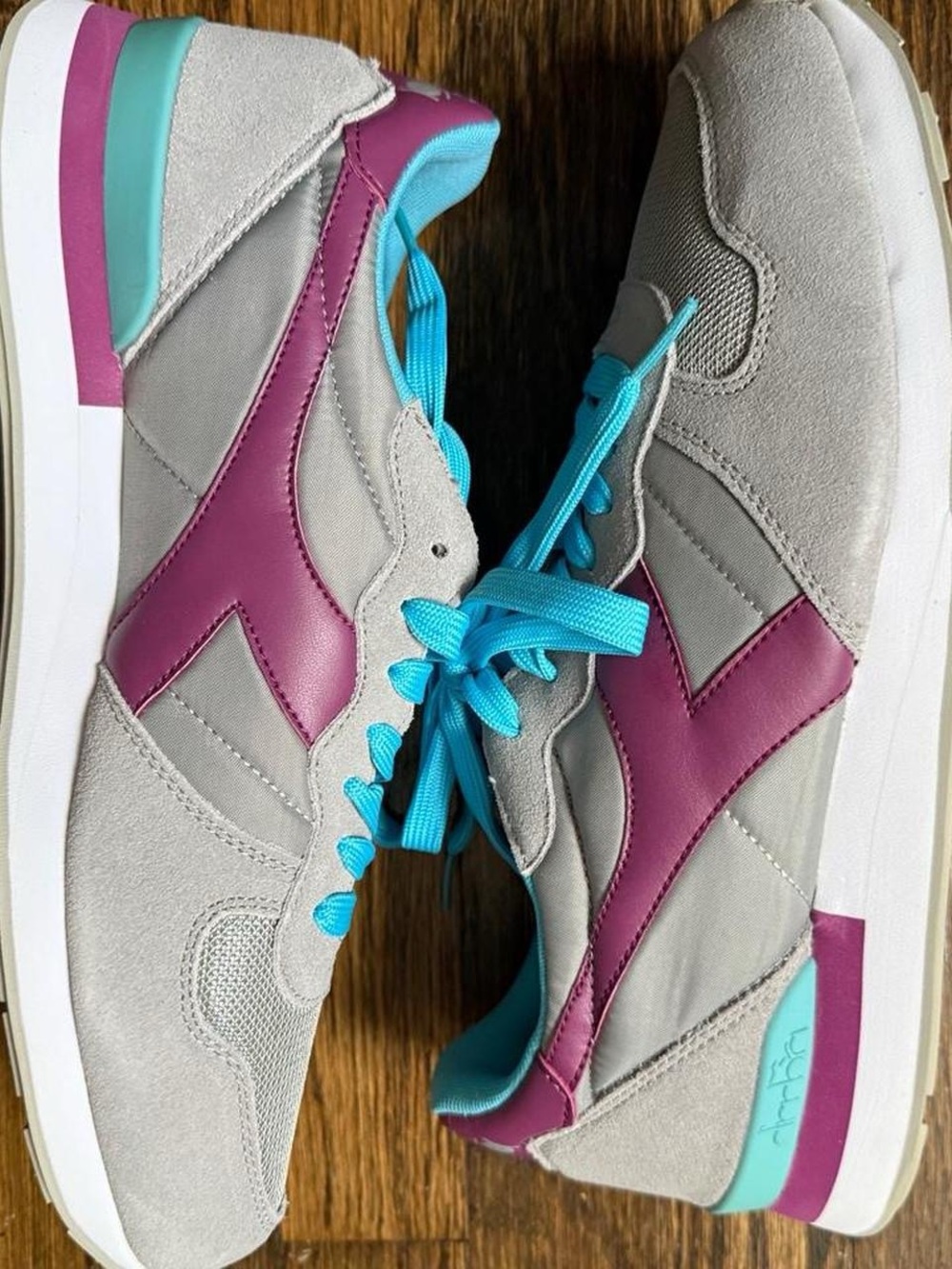 Diadora Gray Suede Athletic Sneakers with Magenta and Aqua Accents